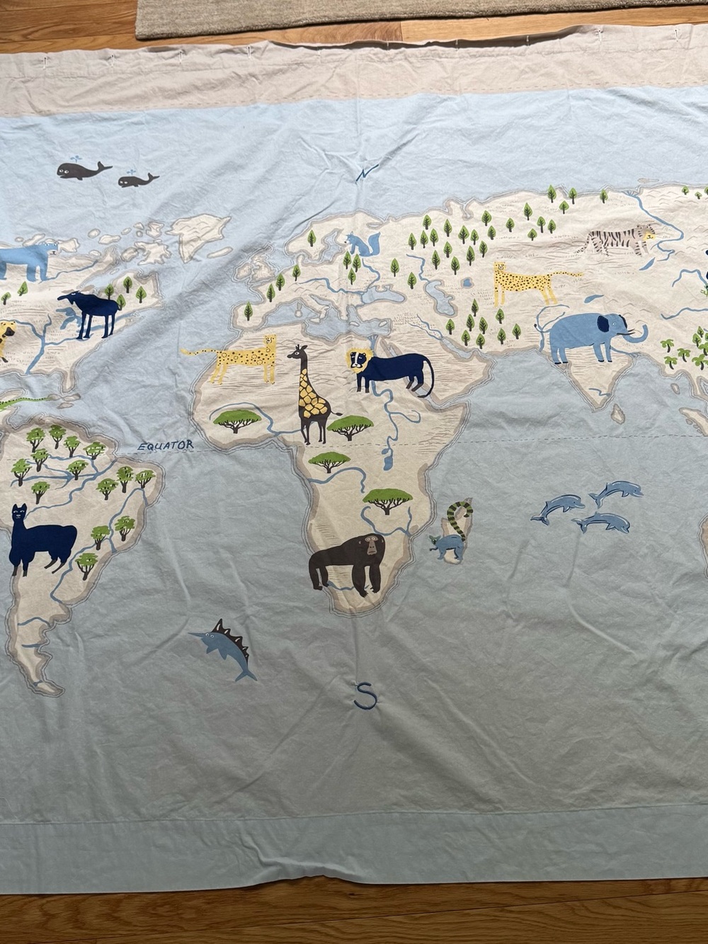 Pottery Barn Kids World Map Animals Shower Curtain 72x72 Cotton Blue